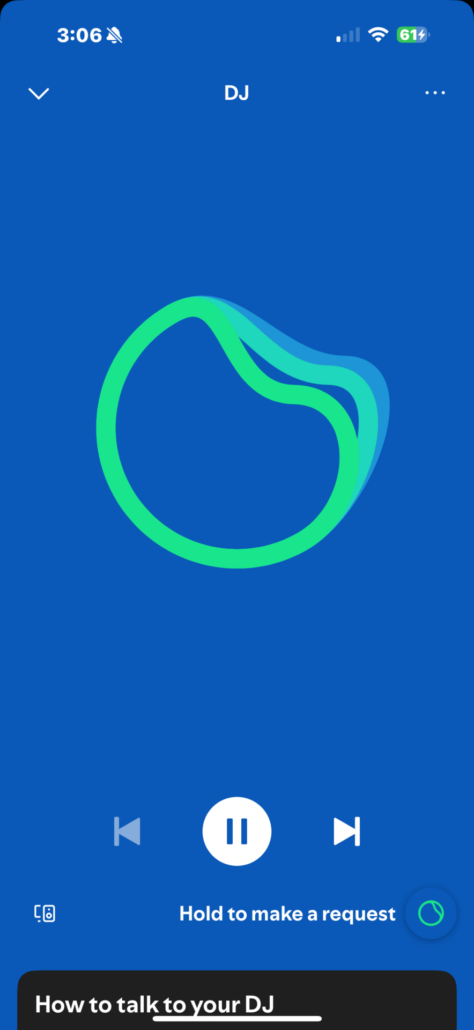 Spotify AI DJ active with waveform animation and voice prompt interface