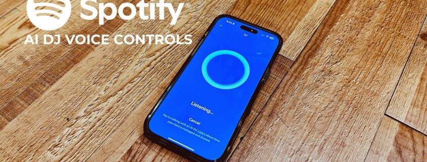 Smartphone displaying Spotify AI DJ voice command interface on a wood floor, with text overlay reading “Spotify AI DJ Voice Controls” and “Feature Review