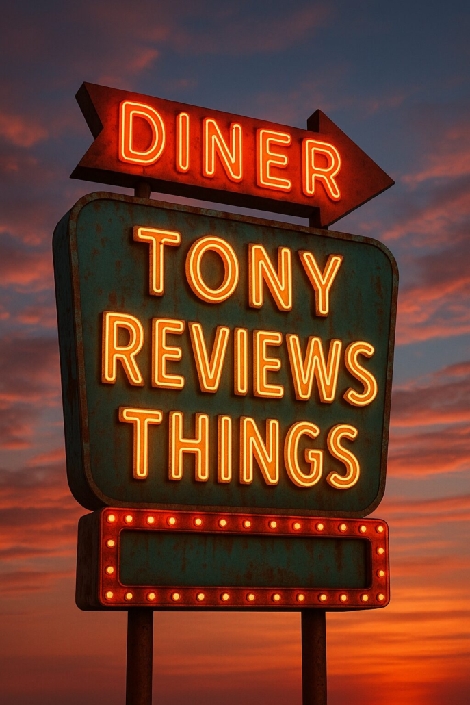 Retro neon diner sign reading “Tony Reviews Things” with a sunset sky