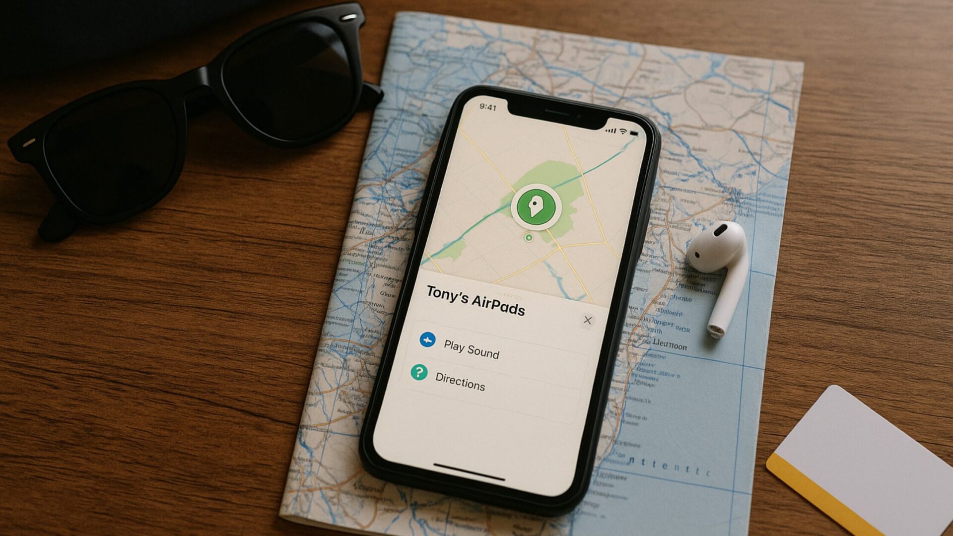 iPhone showing Find My app tracking Tony’s AirPods on a paper map with travel accessories on a wooden table