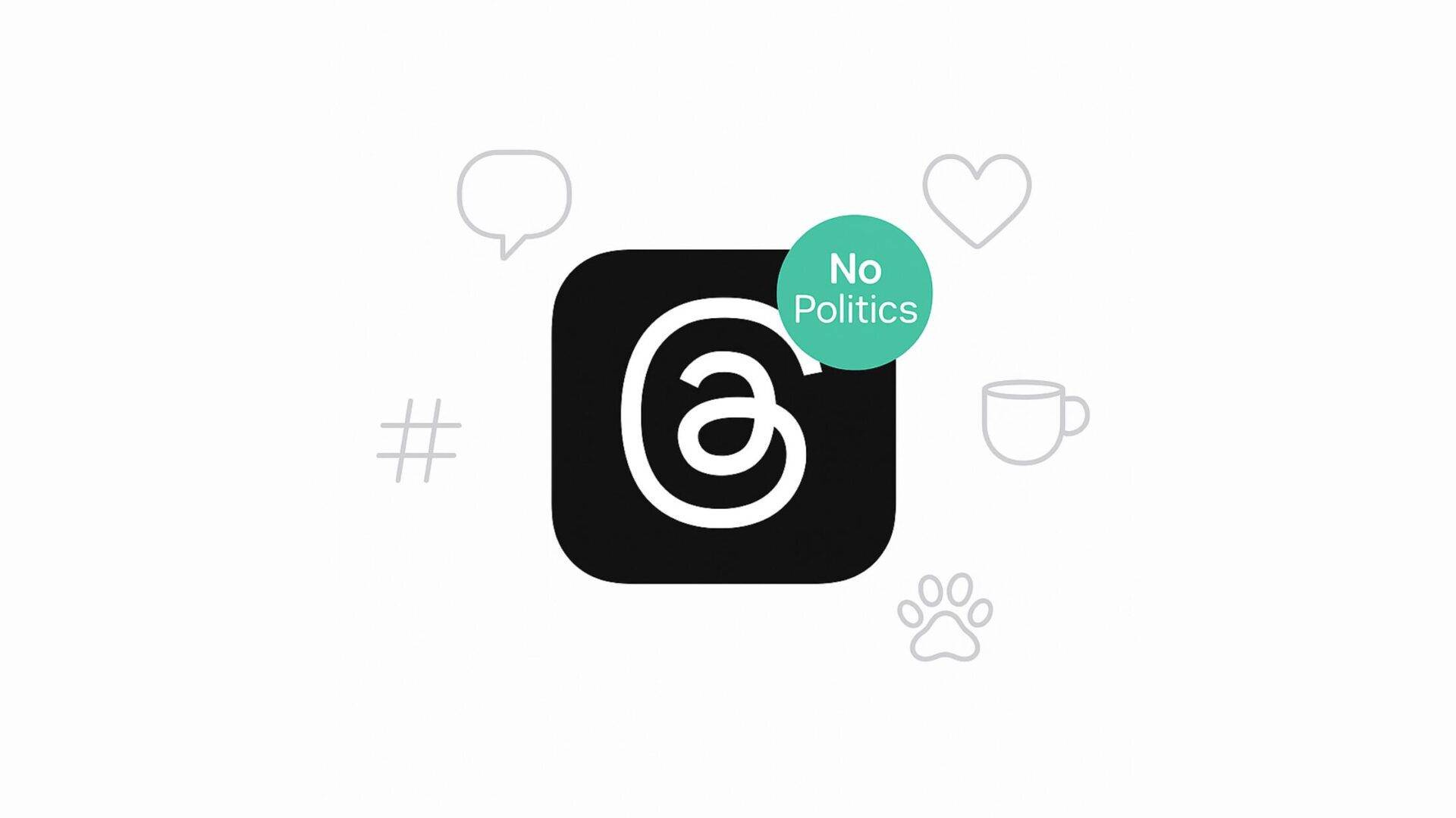 Banner showing how to turn off political posts on Threads, with logo and icons for coffee, hashtags, and memes.