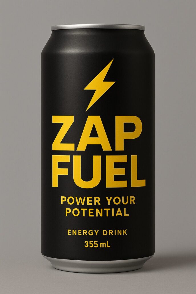 Black and yellow energy drink can labeled “ZapFuel – Power Your Potential”