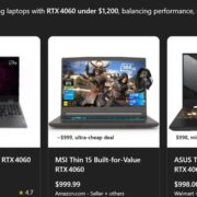 ChatGPT shopping feature showing gaming laptops with RTX 4060 under $1,200, including Lenovo, MSI, and ASUS models with images, prices, and ratings.