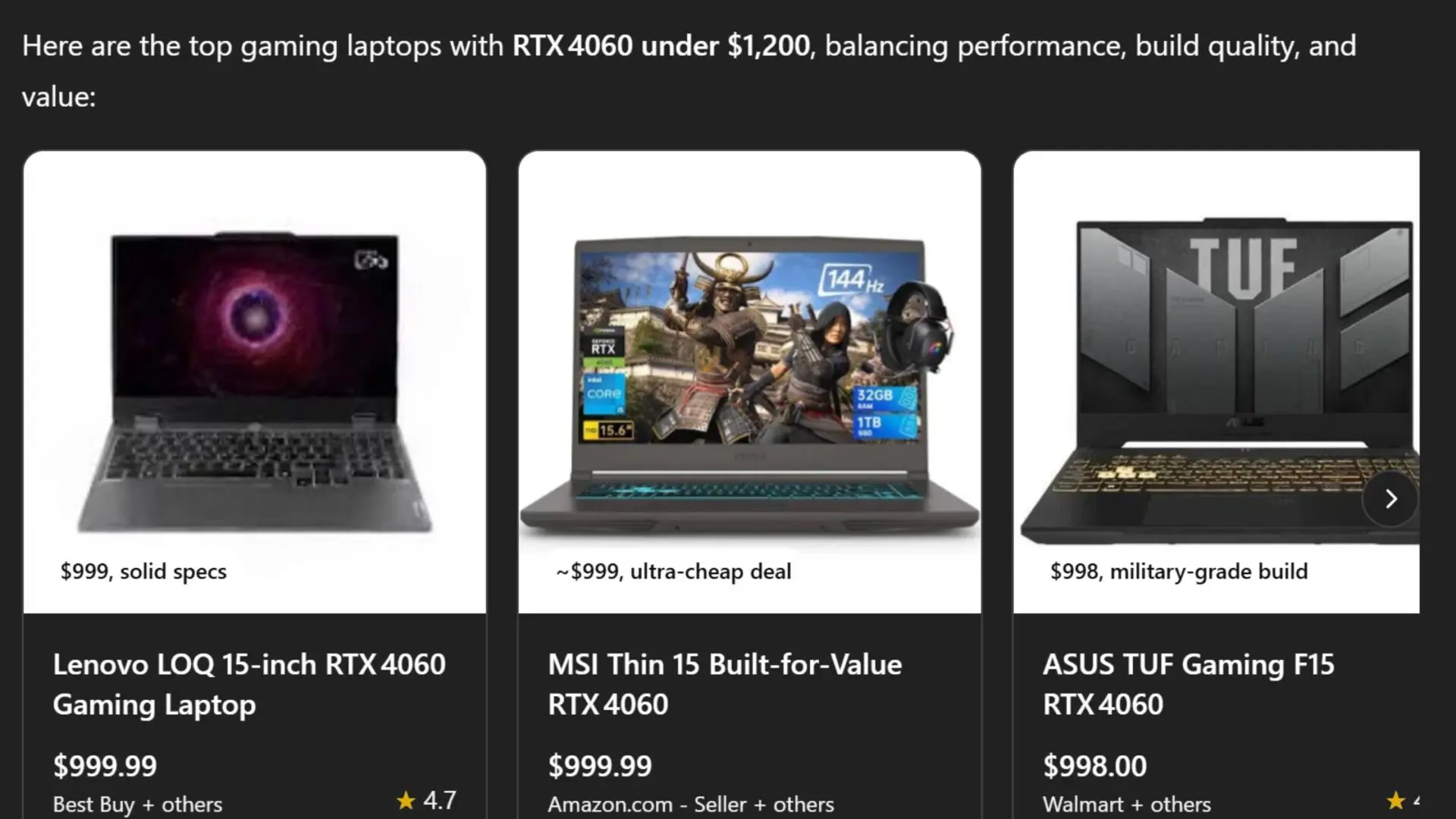 ChatGPT shopping feature showing gaming laptops with RTX 4060 under $1,200, including Lenovo, MSI, and ASUS models with images, prices, and ratings.