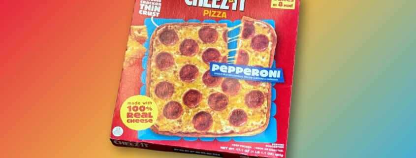 Box of Cheez-It Frozen Pepperoni Pizza on a colorful gradient background