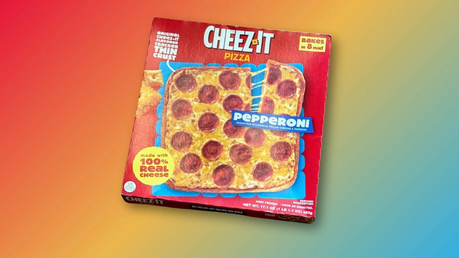 Box of Cheez-It Frozen Pepperoni Pizza on a colorful gradient background