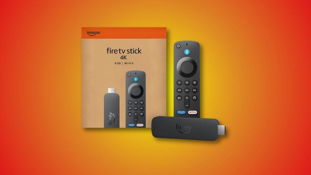 Amazon Fire TV Stick 4K streaming device and remote shown with packaging on colorful gradient background