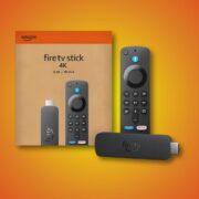 Amazon Fire TV Stick 4K streaming device and remote shown with packaging on colorful gradient background
