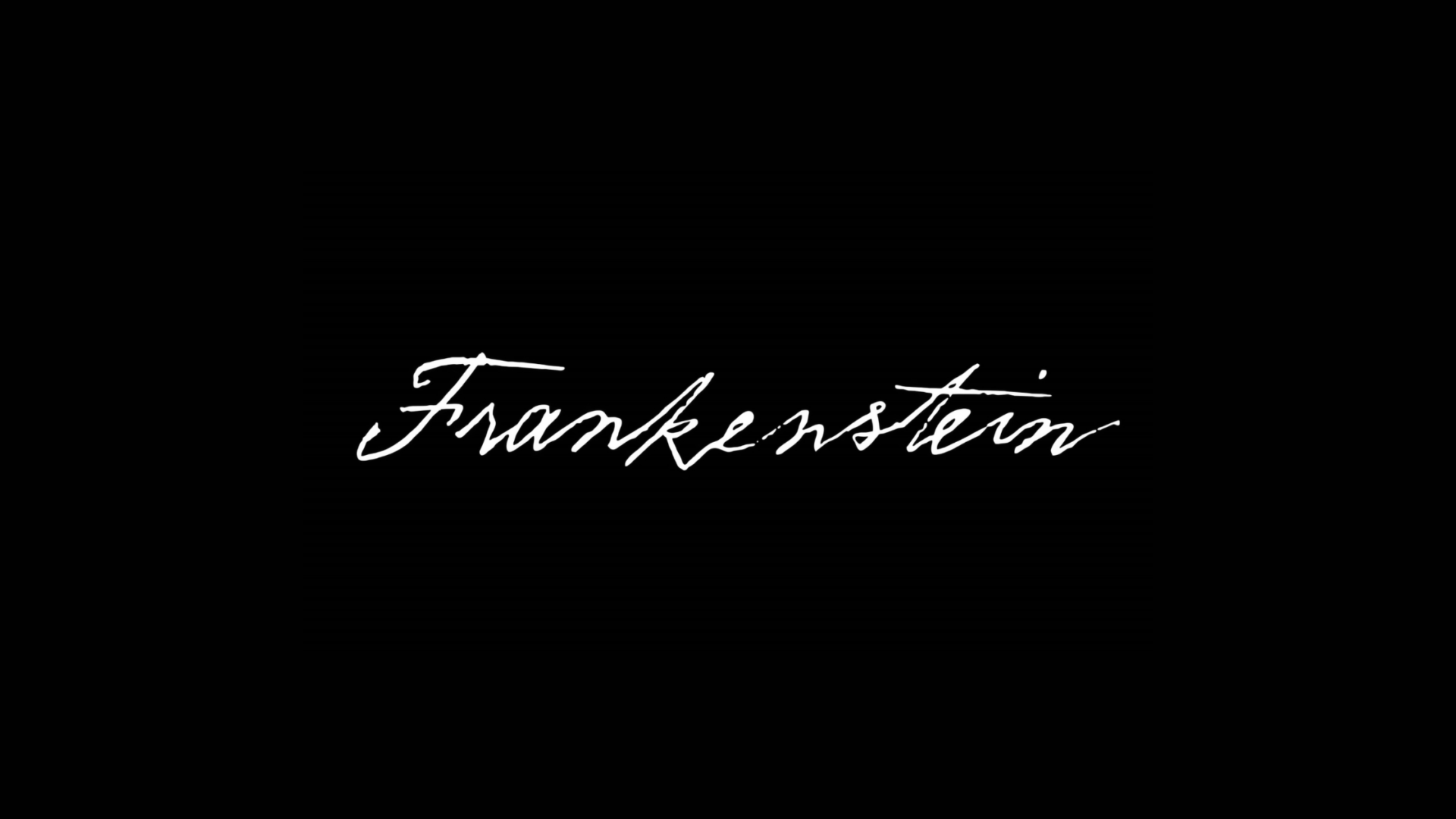 Frankenstein 2025 teaser trailer title screen in handwritten white text on black background