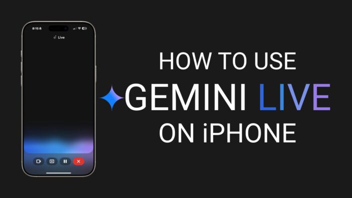 How to use Gemini Live on iPhone – banner showing iPhone UI with screen sharing and Gemini Live title text
