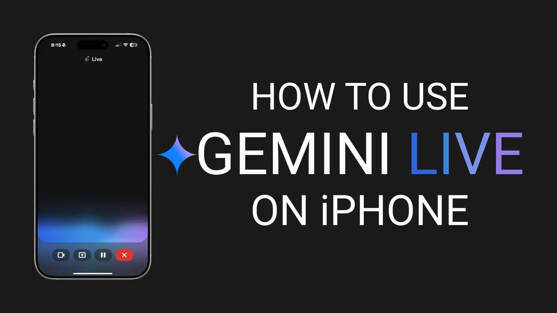How to use Gemini Live on iPhone – banner showing iPhone UI with screen sharing and Gemini Live title text