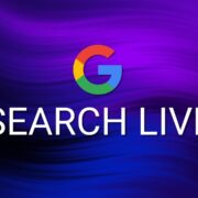 Google Search Live logo on a vibrant purple and blue abstract background