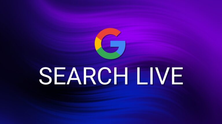 Google Search Live logo on a vibrant purple and blue abstract background