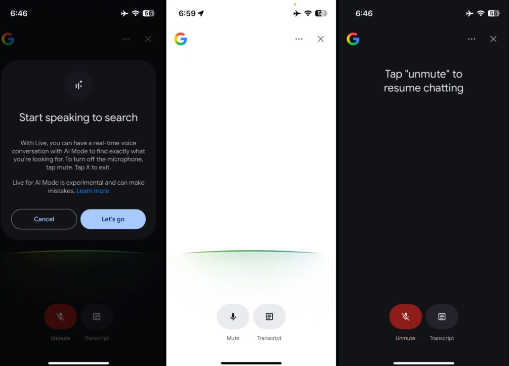 Screenshots of Google's 'Search Live' AI Mode showing real-time voice search in the Google app on Android and iOS.