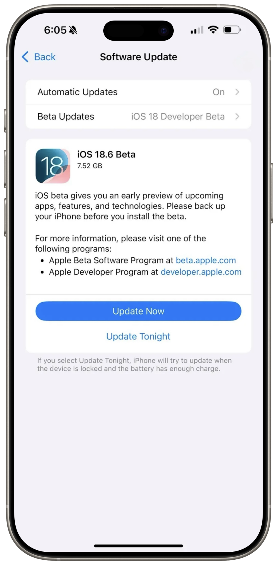 ios 18 6 beta 1 download screen
