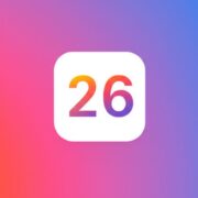 Colorful iOS 26 logo with gradient “26” inside rounded square on vibrant background