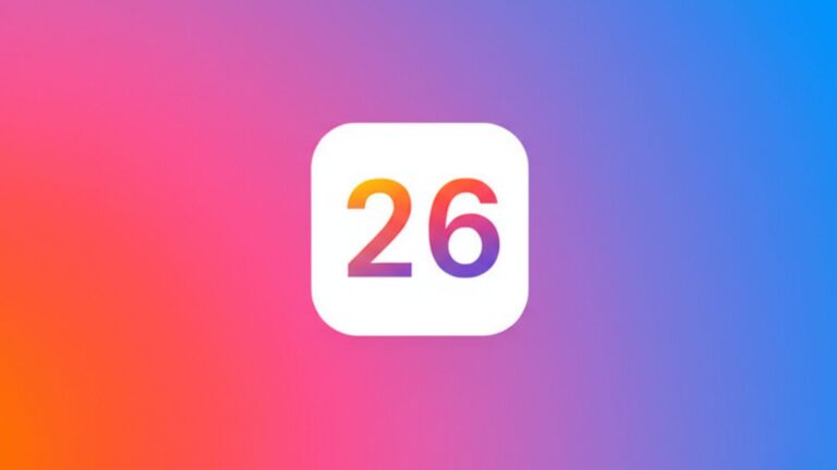 Colorful iOS 26 logo with gradient “26” inside rounded square on vibrant background