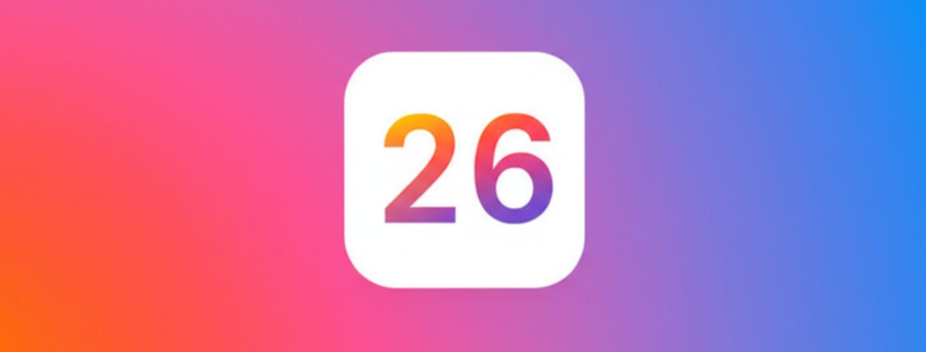 Colorful iOS 26 logo with gradient “26” inside rounded square on vibrant background