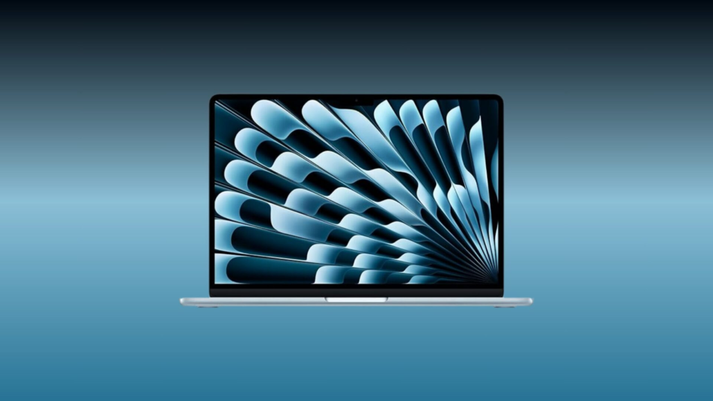Front view of the new Apple M4 MacBook Air laptop, part of the M4 MacBook Air deal, showing its blue wallpaper on a blue background.