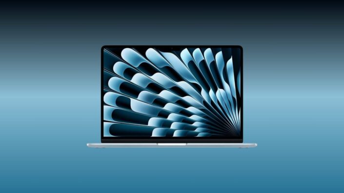 Front view of the new Apple M4 MacBook Air laptop, part of the M4 MacBook Air deal, showing its blue wallpaper on a blue background.