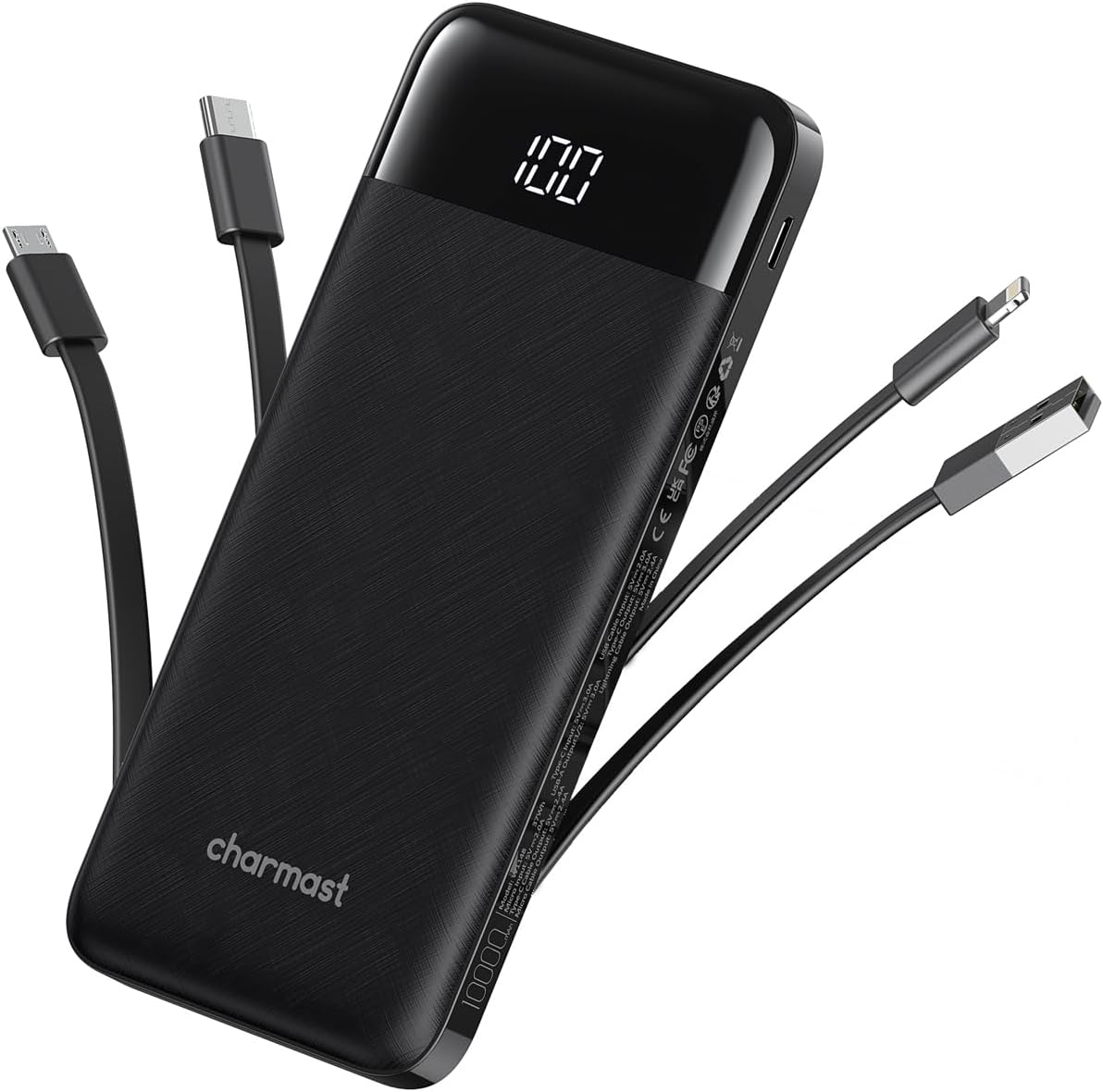 charmast Portable Charger with Built in Cables, Power Bank with Cords Wires, Slim 10000mAh