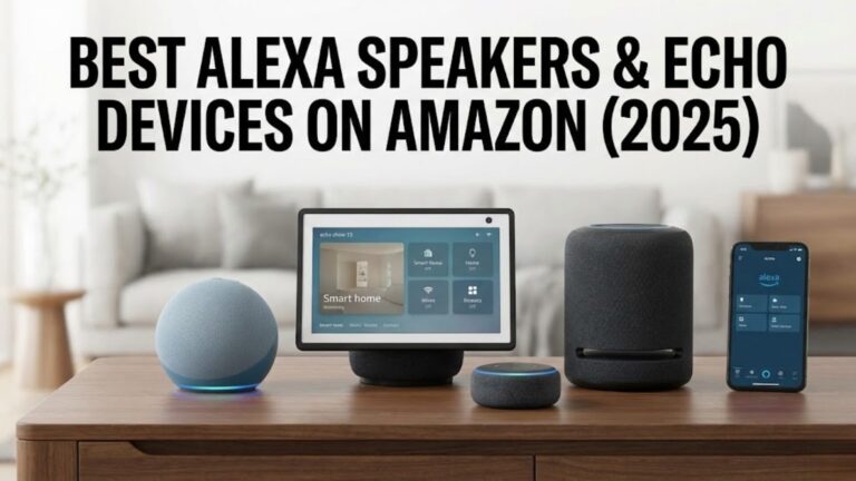 A collection of Amazon Echo devices on a wooden desk, including an Echo Show 15 smart display, Echo Studio speaker, a spherical Echo, and an Echo Dot, next to a smartphone running the Alexa app. The text overlay reads 'BEST ALEXA SPEAKERS & ECHO DEVICES ON AMAZON (2025)'.