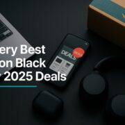 The Very Best Amazon Black Friday 2025 Deals Hero Image Laptop, phone with deals screen, headphones and shipping box on a dark desk, illustrating the best Amazon Black Friday 2025 deals