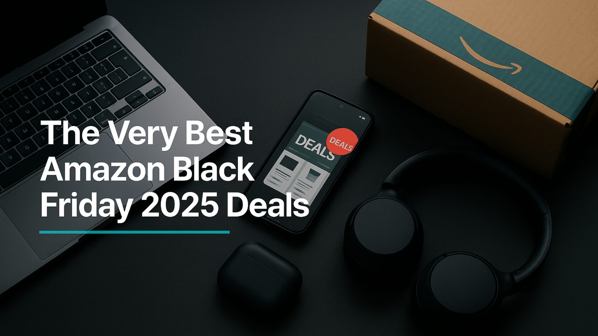 Laptop, phone with deals screen, headphones and shipping box on a dark desk, illustrating the best Amazon Black Friday 2025 deals