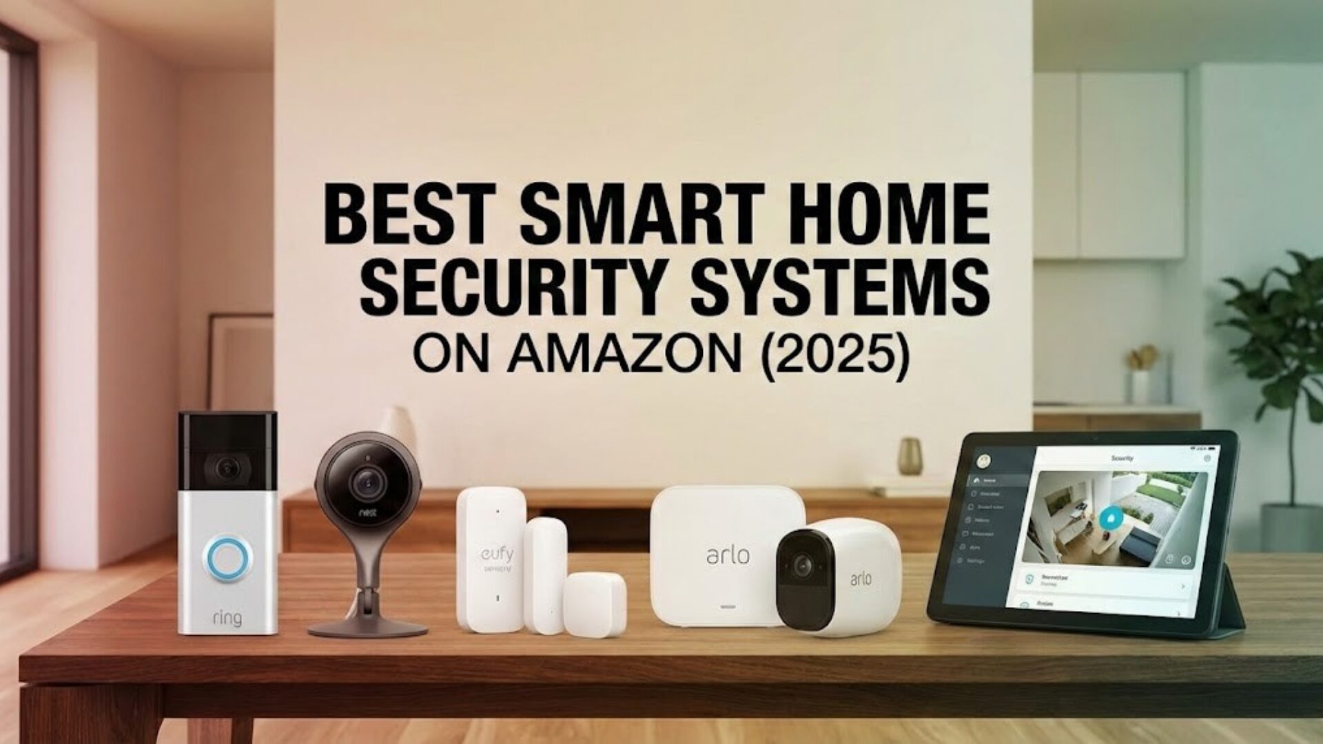 A collection of top-rated smart home security devices on a wooden table, including a Ring video doorbell, Google Nest cam, Arlo hub, and a tablet displaying a security feed, with the text 'Best Smart Home Security Systems on Amazon (2025)'.