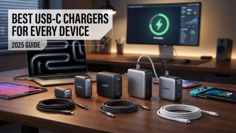 A desk setup displaying a collection of the best USB-C chargers for 2025, including various Anker GaN chargers and a Satechi multi-port charger. The chargers are connected via braided cables to a MacBook, an iPad Pro, and a Nintendo Switch. A text overlay reads "BEST USB-C CHARGERS FOR EVERY DEVICE 2025 GUIDE"