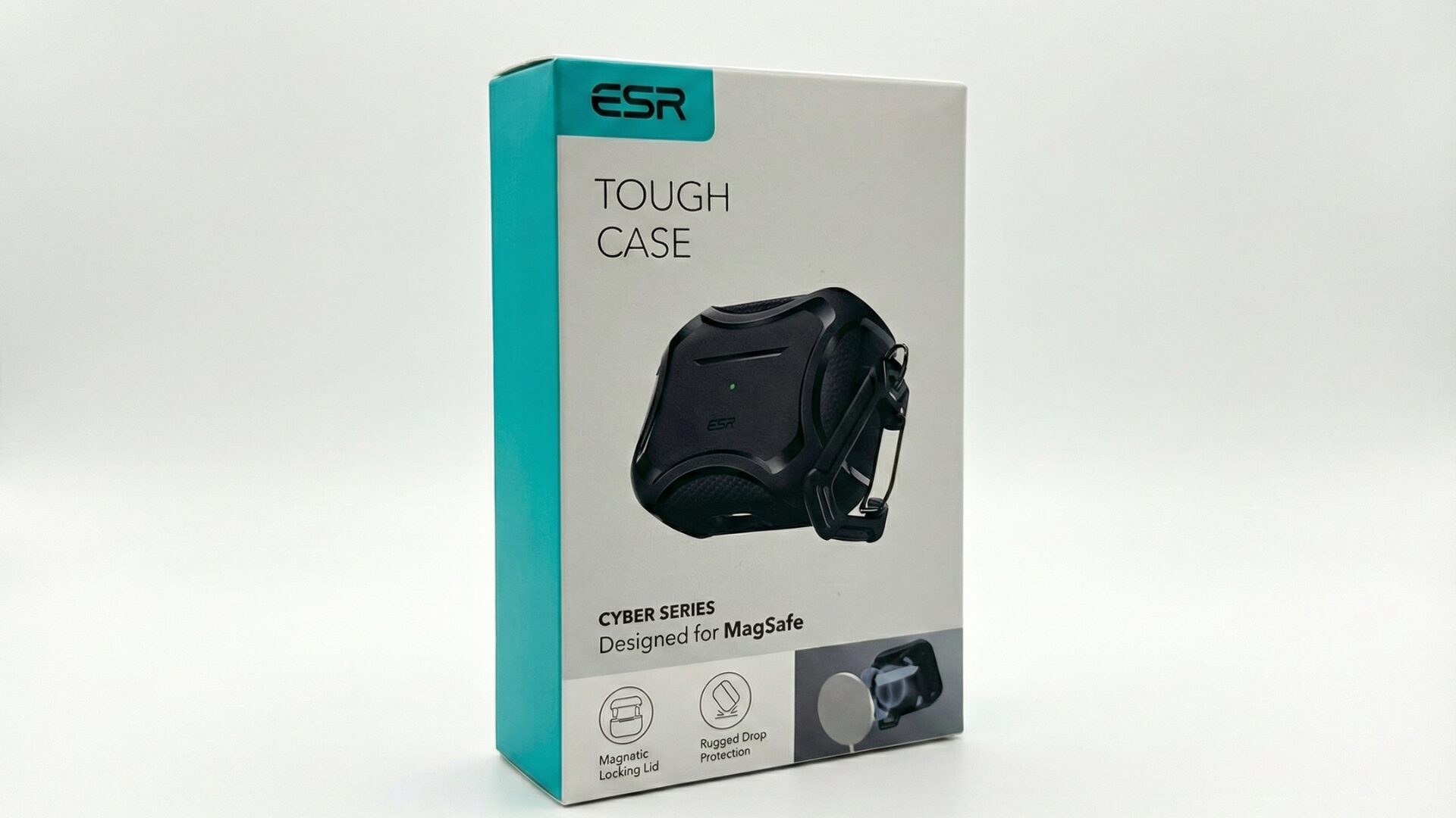 ESR Cyber Series Tough Case retail packaging, showing a white and teal box with an illustration of the black rugged case, and text indicating "Designed for MagSafe," "Magnetic Locking Lid," and "Rugged Drop Protection."