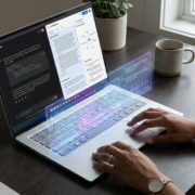 a professional expertly navigating an integrated g 20251202 1 A professional expertly navigating an integrated Gemini and NotebookLM workflow on a futuristic digital workspace, showcasing enhanced productivity and streamlined information management through AI.