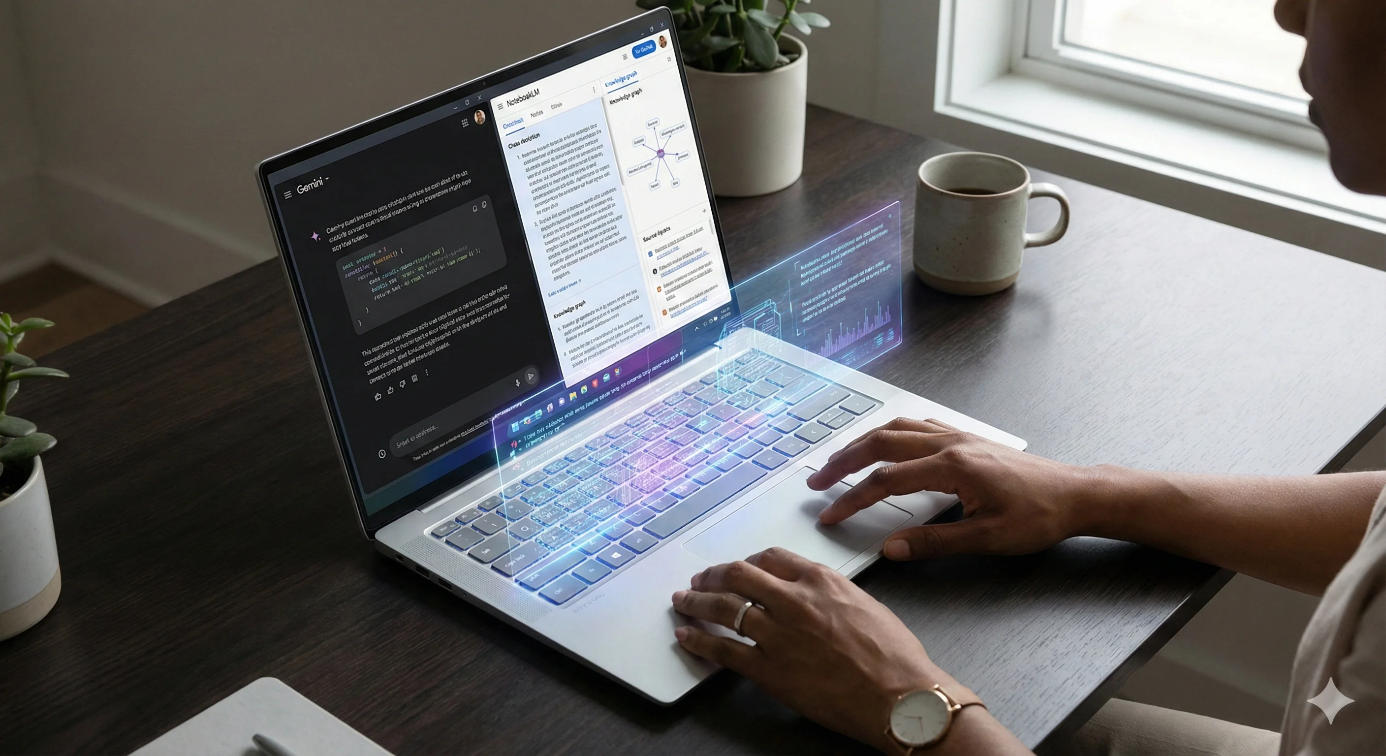A professional expertly navigating an integrated Gemini and NotebookLM workflow on a futuristic digital workspace, showcasing enhanced productivity and streamlined information management through AI.