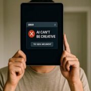 AI can’t be creative error dialog hero image AI can’t be creative error message on tablet with “try new argument” button