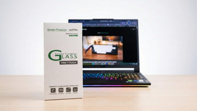 amFilm OneTouch Tempered Glass Screen Protector packaging standing upright on a desk next to a gaming laptop with an RGB keyboard.