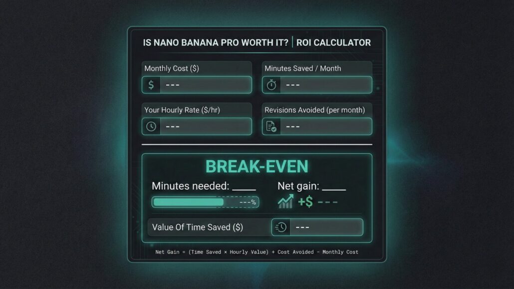 ROI calculator graphic for Nano Banana Pro showing monthly cost, hourly rate, minutes saved, and break-even result