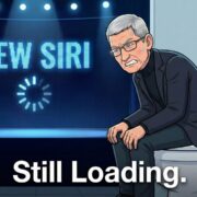 Apple Siri Overhaul Still Loading Satirical cartoon of an Apple executive on a toilet while a stage behind shows ‘NEW SIRI’ loading—an Apple Siri overhaul that’s still loading.