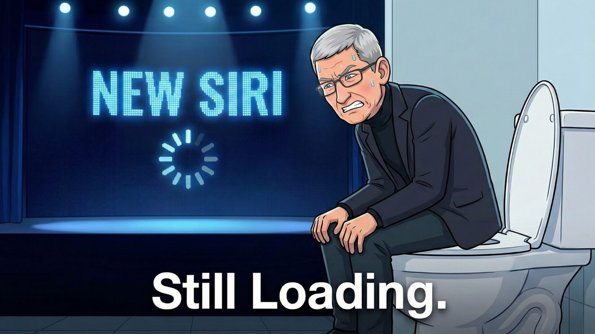 Satirical cartoon of an Apple executive on a toilet while a stage behind shows ‘NEW SIRI’ loading—an Apple Siri overhaul that’s still loading.