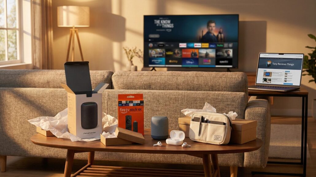 The Best Budget Tech Gifts Under $50 (2025 Edition): A Cozy living room with small budget tech gifts like a smart speaker, streaming stick, wireless earbuds and a tech organizer pouch on a coffee table, with a TV and a laptop showing the Tony Reviews Things website in the background