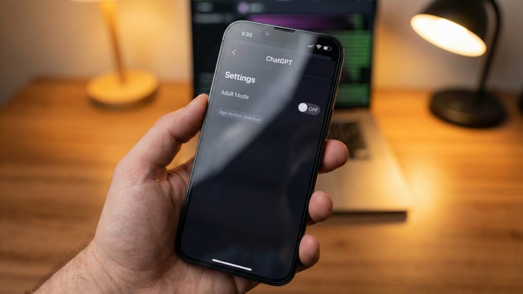 Concept image of a smartphone settings screen showing a ChatGPT adult mode toggle and age verification indicator
