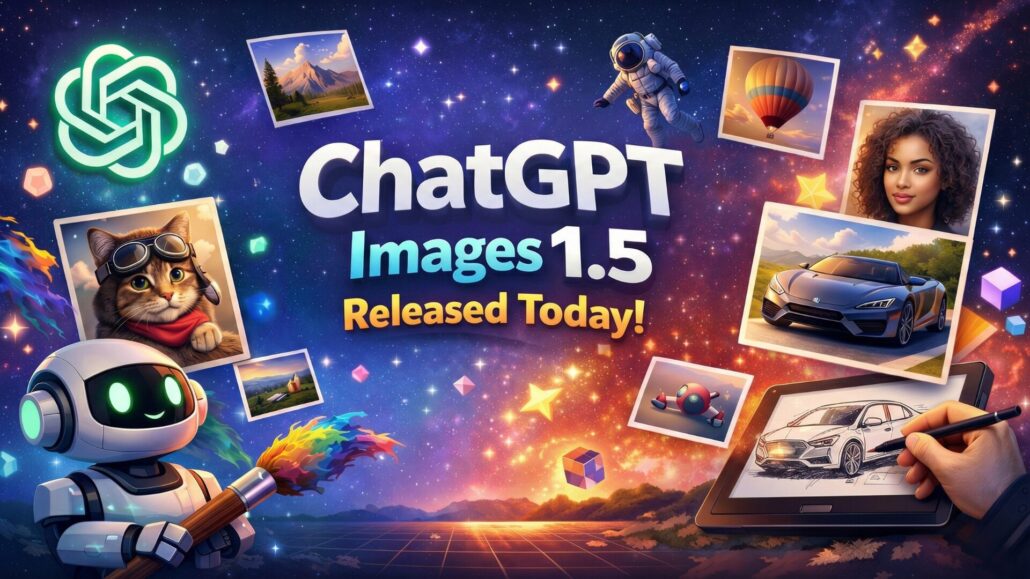 ChatGPT Images 1.5 hero graphic showing AI image generation and editing examples in a space-themed collage