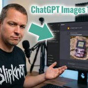 Chatgpt Images 1 5 Review Man Computer Gameboy Man reviewing ChatGPT Image 1.5 on a monitor, showing an AI-generated image of a Game Boy Color. The man wears a Slipknot shirt.
