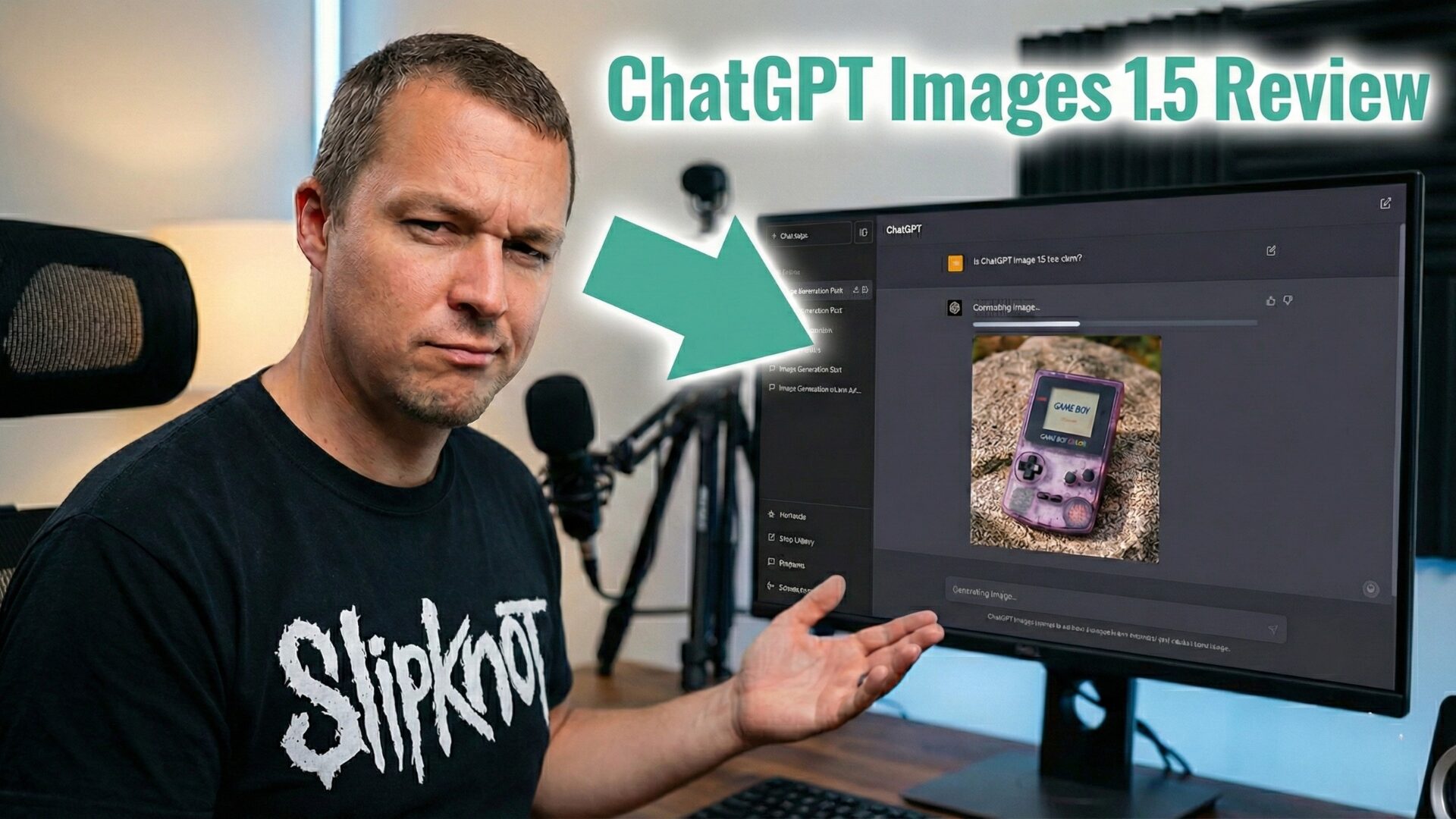 Man reviewing ChatGPT Image 1.5 on a monitor, showing an AI-generated image of a Game Boy Color. The man wears a Slipknot shirt.