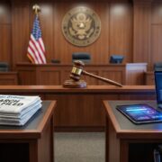 Chicago Tribune vs. Perplexity AI: The Legal Fight That Could Redefine AI Search – Courtroom Scene with Newspaper and Laptops A courtroom scene featuring a stack of Chicago Tribune newspapers with the headline "AI SEARCH LAWSUIT FILED" on one table, opposite a laptop and tablet displaying the "Perplexity AI" interface. A gavel rests on the judge's bench in the background, symbolizing the legal battle over AI and copyright.