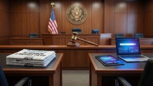 A courtroom scene featuring a stack of Chicago Tribune newspapers with the headline "AI SEARCH LAWSUIT FILED" on one table, opposite a laptop and tablet displaying the "Perplexity AI" interface. A gavel rests on the judge's bench in the background, symbolizing the legal battle over AI and copyright.