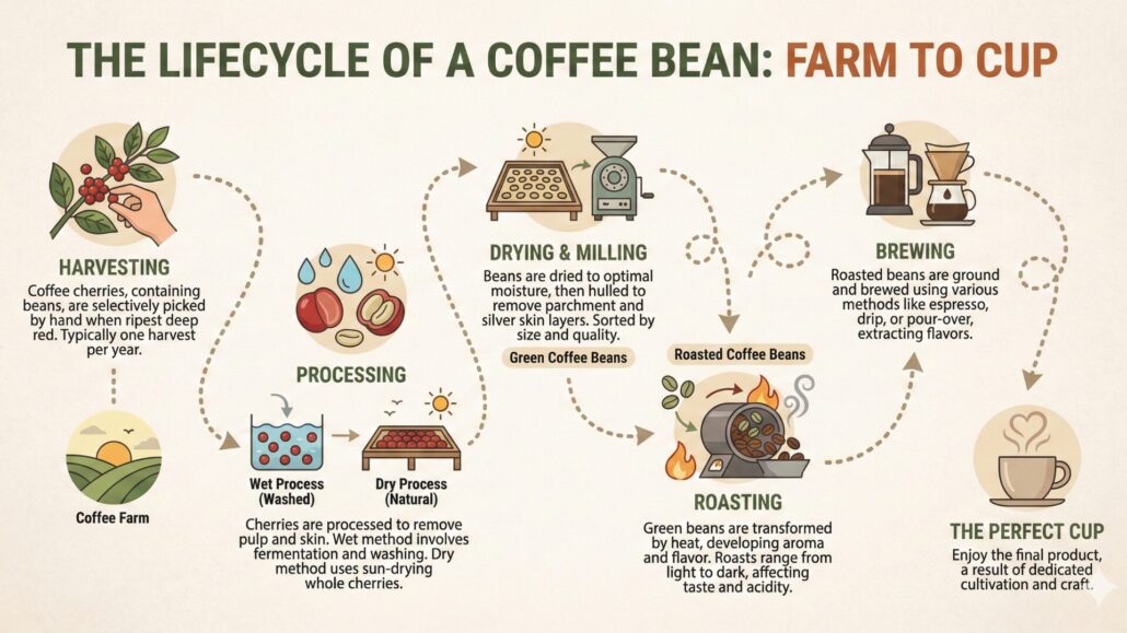 Detailed infographic illustrating the lifecycle of a coffee bean from farm to cup, created with Nano Banana Pro. Steps include Harvesting red cherries, Processing (Wet vs. Dry methods), Drying and Milling into green beans, Roasting, and Brewing.