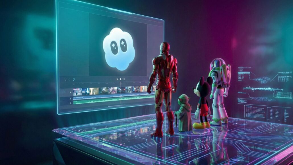 A 3D illustration representing the Disney Sora agreement, showing iconic characters including Iron Man, Yoda, Mickey Mouse, and Buzz Lightyear looking at a large screen displaying the OpenAI Sora logo and a video editing timeline interface.