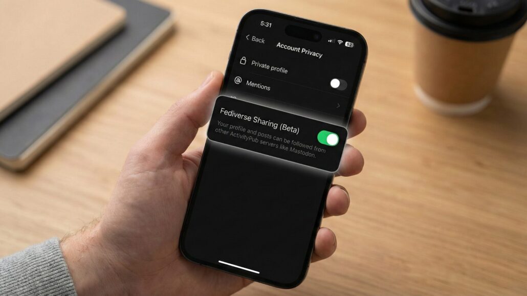 A smartphone screenshot showing the "Fediverse Sharing (Beta)" setting toggled to the ON position within the Threads app's Account Privacy menu, illustrating how to future-proof audience growth.