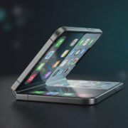 Foldable iPhone Concept Hero Image Foldable iPhone concept shown half-open with a book-style fold