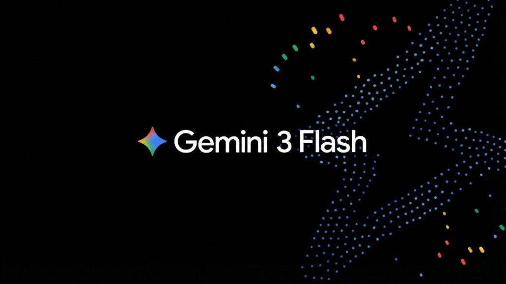 Gemini 3 Flash logo on a black background with colorful digital dots, representing general AI and advanced technology.